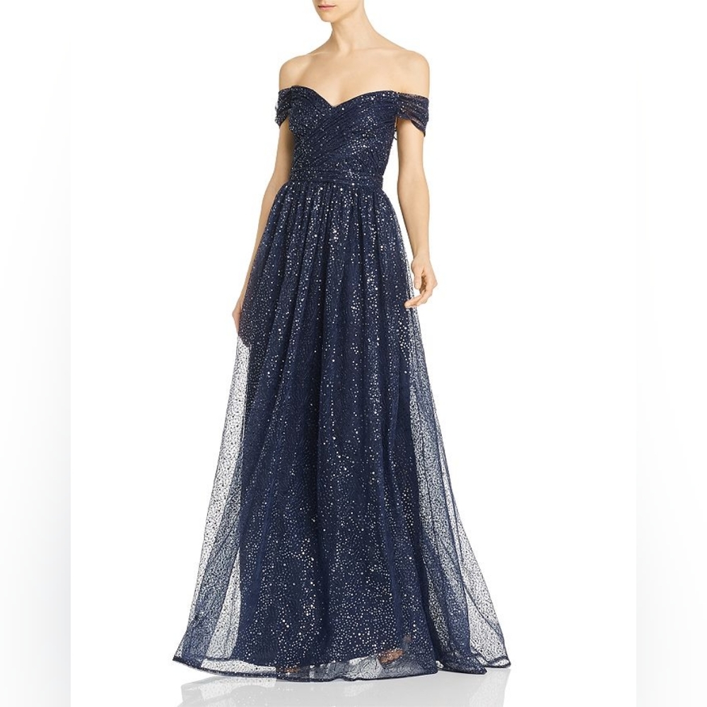 NWT Aiden Mattox Navy Shimmer Grecian Off Shoulder Gown
